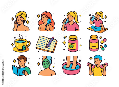Colorful Wellness Icons. Wellness routines. Colorful isometric v