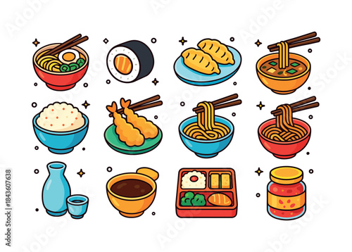 Colorful Asian Cuisine Icons. Asian cuisine. Colorful isometric