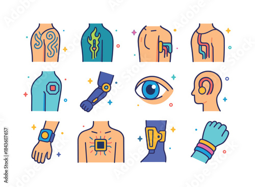 Futuristic Body Mods. Futuristic body mods. Colorful isometric v