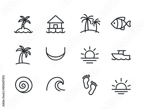 Tropical Icon Collection. Tropical Destinations. Line icon set o