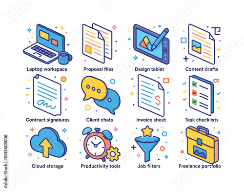 Freelancing Icons Set. Freelancing. Colorful isometric vector ic