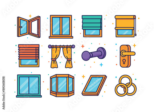 Colorful Window Icons. Windows & curtains. Colorful isometric ve