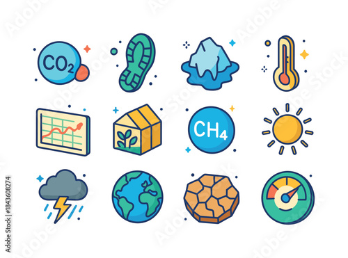 Climate Impact Icons. Climate impact indicators. Colorful isomet