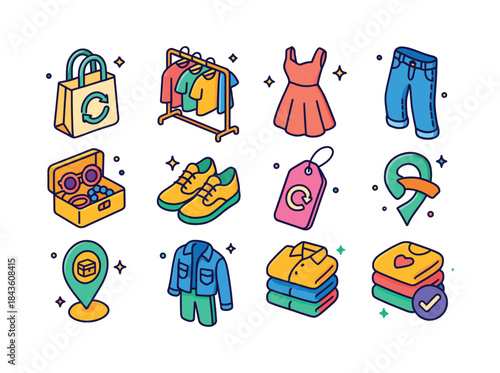 Thrift Fashion Icons. thrift fashion. Colorful isometric vector