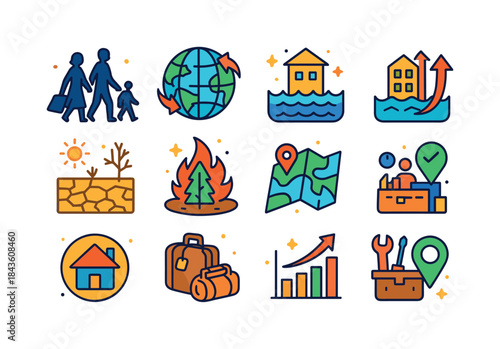 Climate Migration Icons. Climate Migration. Colorful isometric v