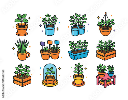 Colorful Herb Container Icons. Indoor herb containers. Colorful