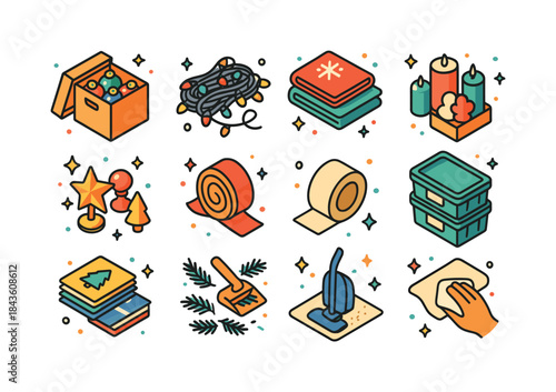 Seasonal Cleanup Icons. End-of-season cleanup. Colorful isometri