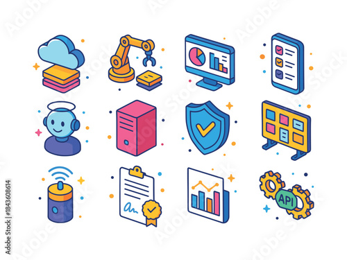 Tech Adoption Icons. Technology adoption in business operations.