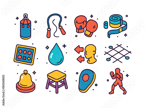 Isometric Boxing Icons. boxing workout. Colorful isometric vecto