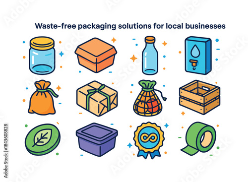 Waste-Free Packaging Icons. Waste-free packaging solutions for l