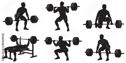 Silhouettes of men performing various weightlifting exercises including deadlifts, squats, and bench press, illustrating strength training and fitness.