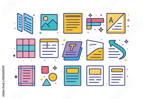 Isometric Editorial Icons. Editorial composition. Colorful isome