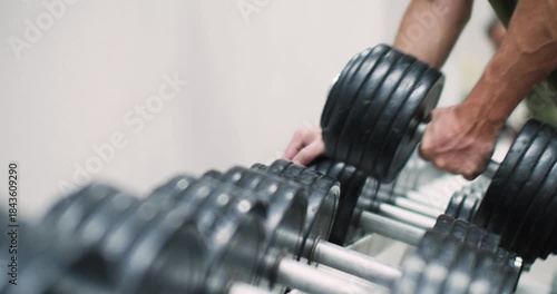 Rack of dumbbells at a gym. Footage of a male hand picks up dumbbell from the rack. Focused on strength training, he selects dumbbell from the rack with steady hands in this gym close-up.