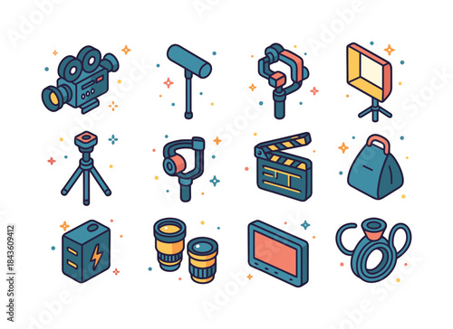 Colorful Film Equipment Icons. Film Equipment. Colorful isometri