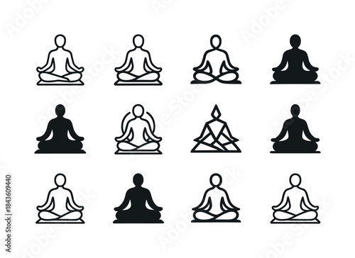 Meditation Icons Grid. people meditating or practicing yoga for