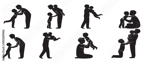 Collection of silhouette illustrations depicting fathers interacting with their children in various loving poses.