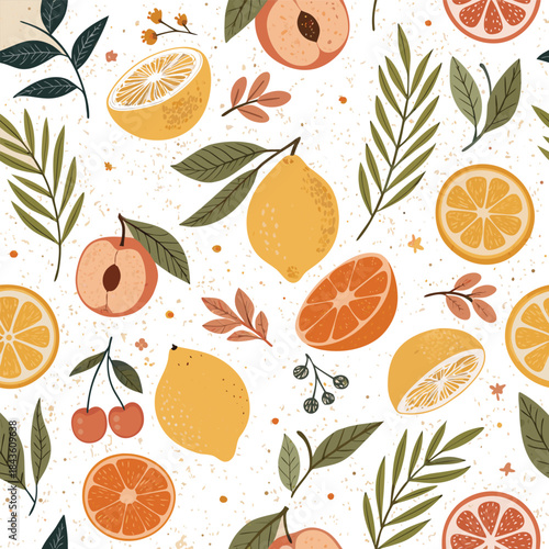Bright, playful pattern featuring lemons, oranges, peaches, cherries, and leafy branches.