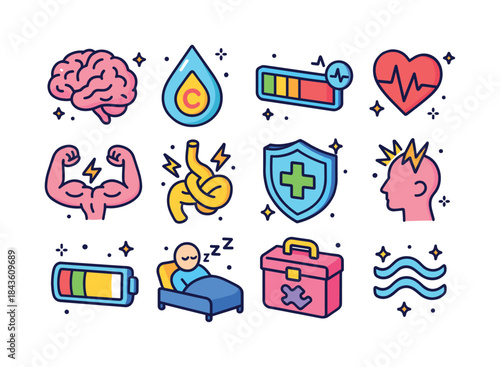 Stress & Health Icons. Stress & Health. Colorful isometric vecto