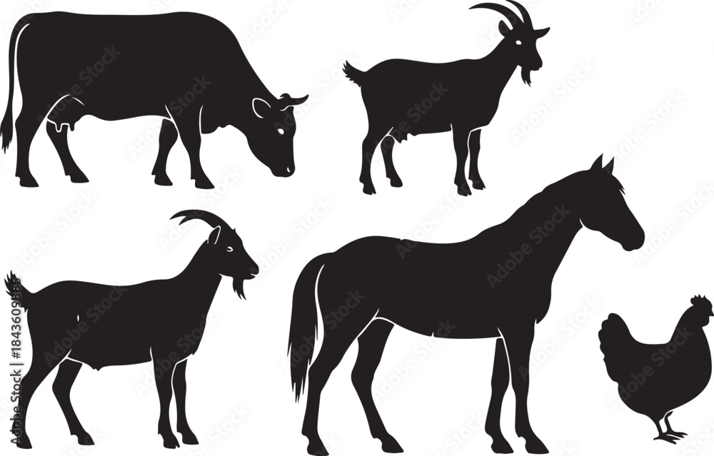 Fototapeta premium Farm Animal Silhouettes Collection Rustic Livestock Shadow Art Classic Farm Animals Vector Set