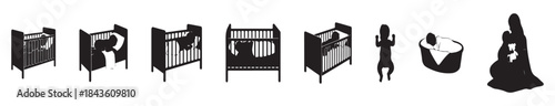 A series of illustrations depicting various stages of infant care, including cribs, a baby, a bassinet, and a mother holding a child.