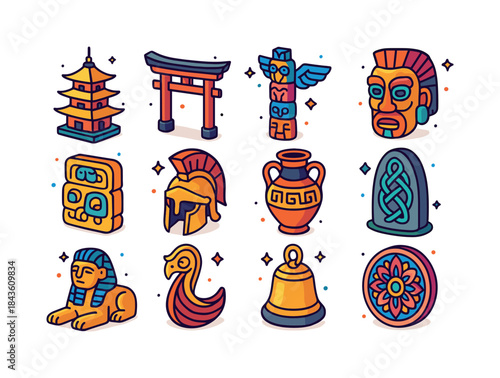 Cultural Iconography Grid. Cultural Symbols. Colorful isometric