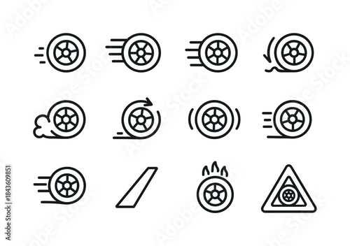 Spinning Wheels Icon Set. Spinning wheels out of control. Line i
