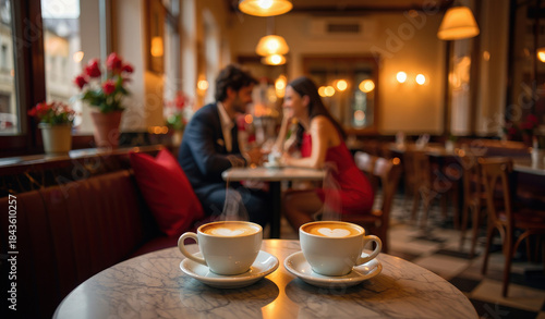 Cozy cafe interior on Valentine's Day, two steaming coffee cups with heart-shaped latte art on a marble table and a blurred couple on a date in the background. Romantic, warm holiday ambiance