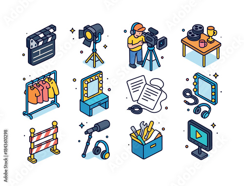 Film Set Icons. Film Set. Colorful isometric vector icons set of