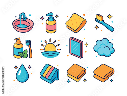 Morning Cleansing Icons. morning cleansing. Colorful isometric v