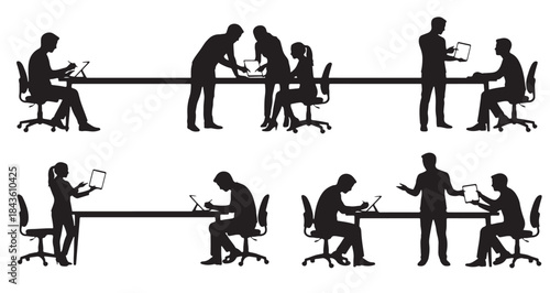 Silhouettes of business people working and collaborating in various office settings with tablets and laptops, illustrating different professional interactions.