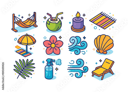 Tropical Relaxation Icons. Tropical relaxation. Colorful isometr