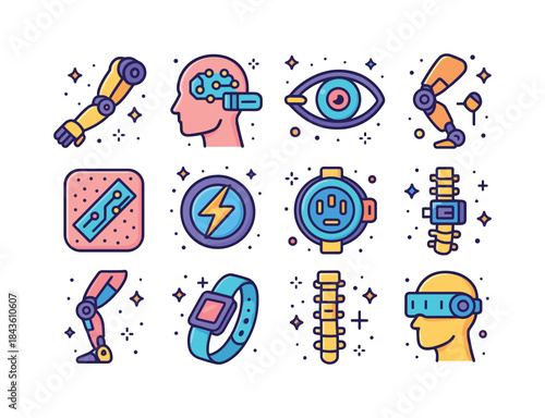 Cybernetic Icon Set. Cybernetic enhancements. Colorful isometric