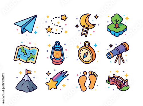 Dream Journey Icons. Dream journey. Colorful isometric vector ic