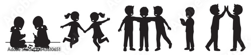 Silhouettes of children playing and interacting, showing friendship and social development stages.