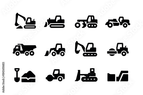 Earthmoving Equipment Icons. Earthmoving. Solid icon set of Eart