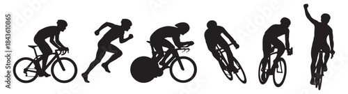 Silhouettes of athletes engaged in various cycling and running activities, including racing, training, and celebrating victory.