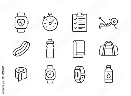 Rowing Gear Icons. Rowing workout essentials. Line icon set of r