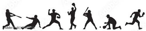 Dynamic black silhouettes of baseball players performing various actions on a white background.
