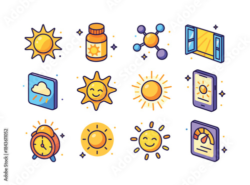 Sunlight Effect Icons. sunlight effects. Colorful isometric vect