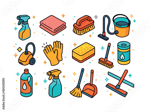 Colorful Cleaning Icons. Cleaning supplies. Colorful isometric v