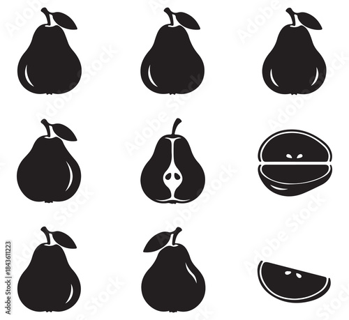 Black silhouette icons of whole and sliced pears, showing various views and cross-sections of the fruit.
