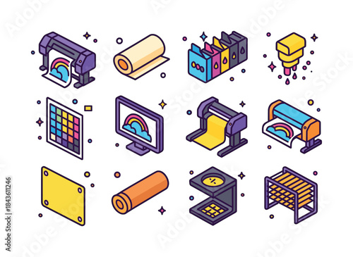 Colorful Printing Icons Set. Large Format Printing. Colorful iso