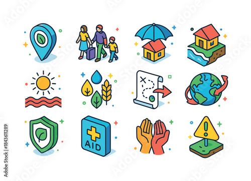 Climate Refuge Icons. Climate Refuge. Colorful isometric vector