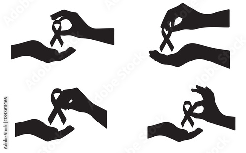 Four black and white silhouettes showing hands exchanging awareness ribbons, symbolizing support and charity.