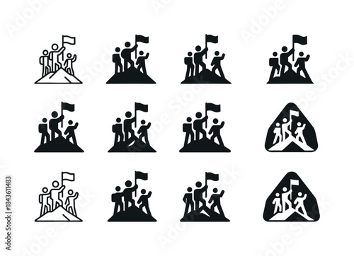 Mountain Summit Logo Variations. A group of hikers at the summit