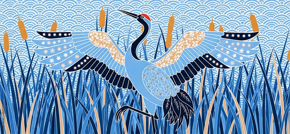 Fototapeta premium Elegant crane illustration for decorative nature themed artwork, textiles and cultural designs