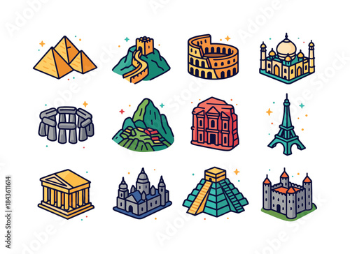Iconic World Landmarks. Historic Landmarks. Colorful isometric v