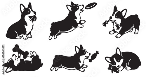 Six black and white illustrations of playful corgi dogs engaging in various activities like catching a frisbee, playing with toys, and carrying a treat.