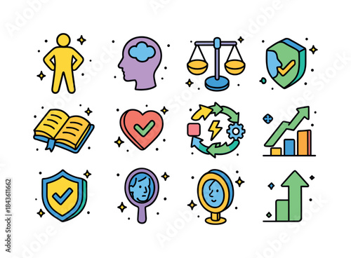 Self-Improvement Icons Grid. Self-Improvement. Colorful isometri