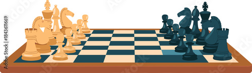Digital illustration of wooden chessboard with black and white pieces arranged for game strategy concept in flat modern design